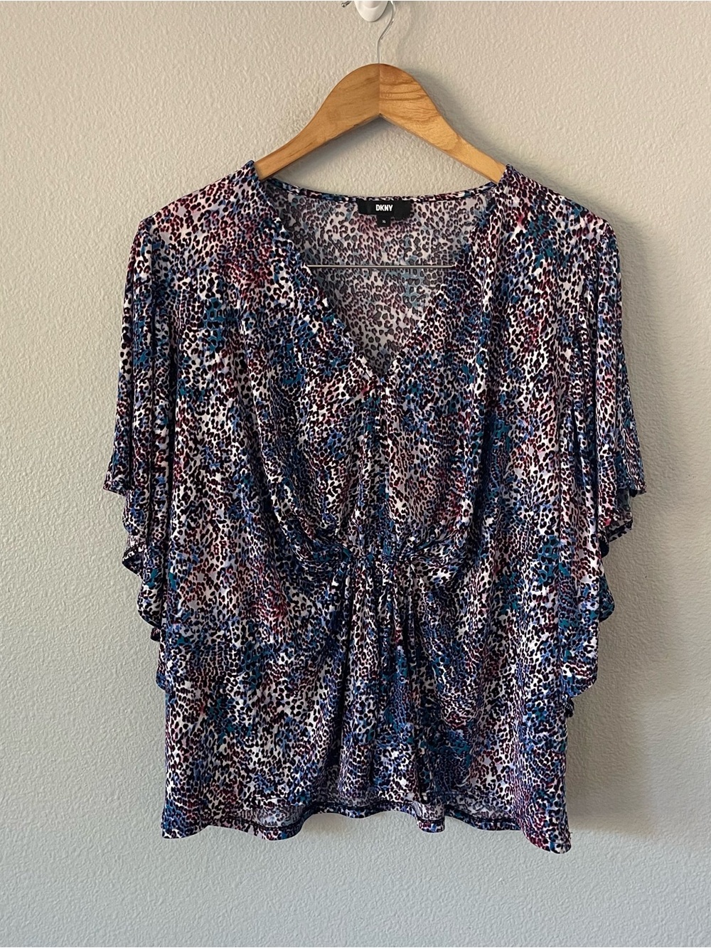 DKNY Kimono Sleeves V-Neck Abstract Animal Print Top Size XL